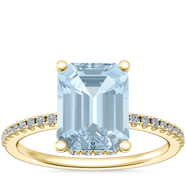 Petite Micropave Hidden Halo Engagement Ring with Emerald-Cut Aquamarine in 14k Yellow Gold (9x7mm)