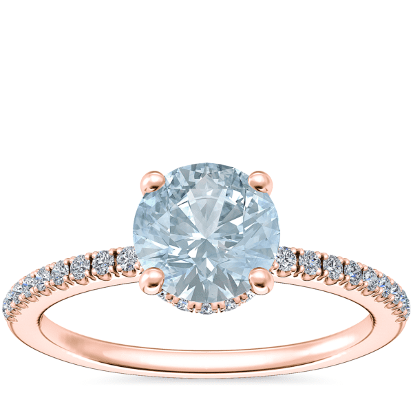 Petite Micropave Hidden Halo Engagement Ring with Round Aquamarine in 14k Rose Gold (6.5mm)