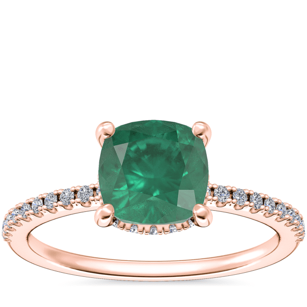 Petite Micropave Hidden Halo Engagement Ring with Cushion Emerald in 14k Rose Gold (6.5mm)