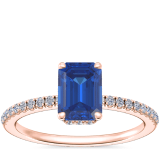 Petite Micropave Hidden Halo Engagement Ring with Emerald-Cut Sapphire in 14k Rose Gold (7x5mm)