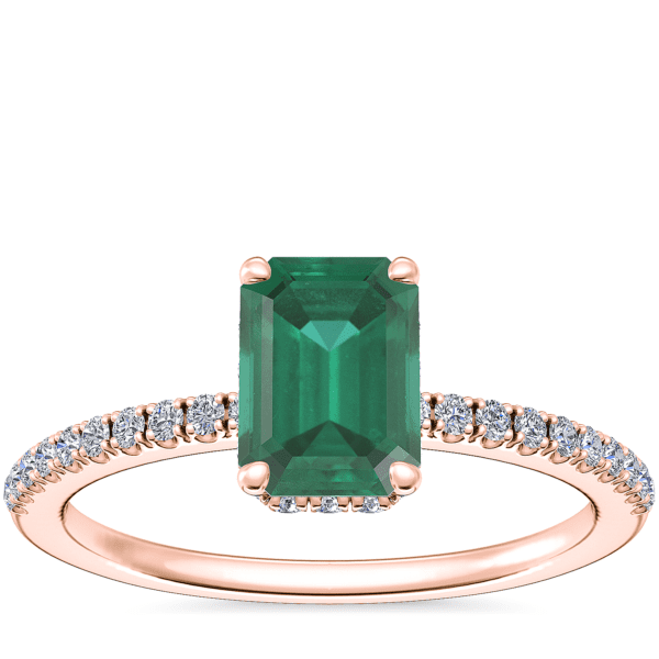 Petite Micropave Hidden Halo Engagement Ring with Emerald-Cut Emerald in 14k Rose Gold (7x5mm)