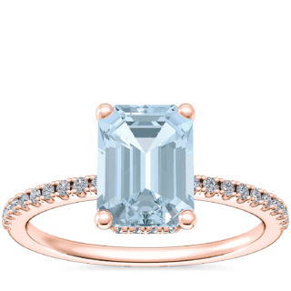 Petite Micropave Hidden Halo Engagement Ring with Emerald-Cut Aquamarine in 14k Rose Gold (8x6mm)