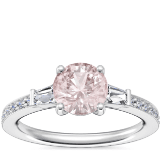 Tapered Baguette Diamond Cathedral Engagement Ring with Round Morganite in Platinum (6.5mm)