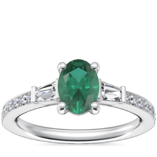 Tapered Baguette Diamond Cathedral Engagement Ring with Oval Emerald in Platinum (7x5mm)