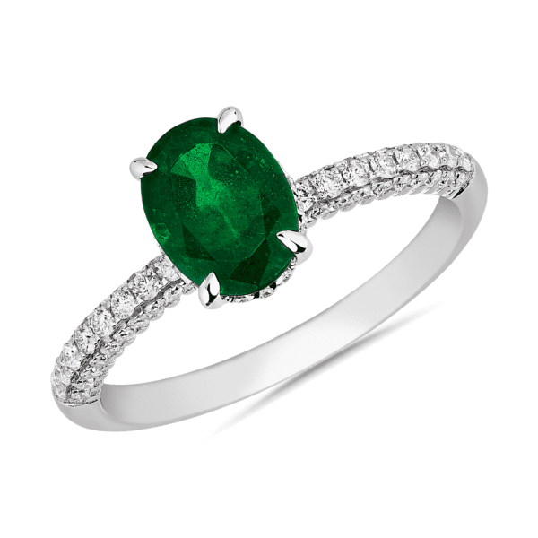 Oval Shaped Emerald and Diamond Ring in 14k White Gold
