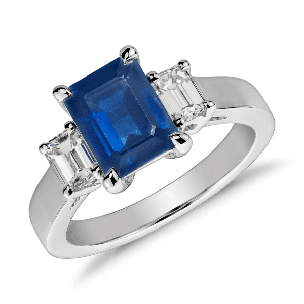 Emerald Cut Sapphire and Diamond Ring in 14k White Gold (8x6mm)