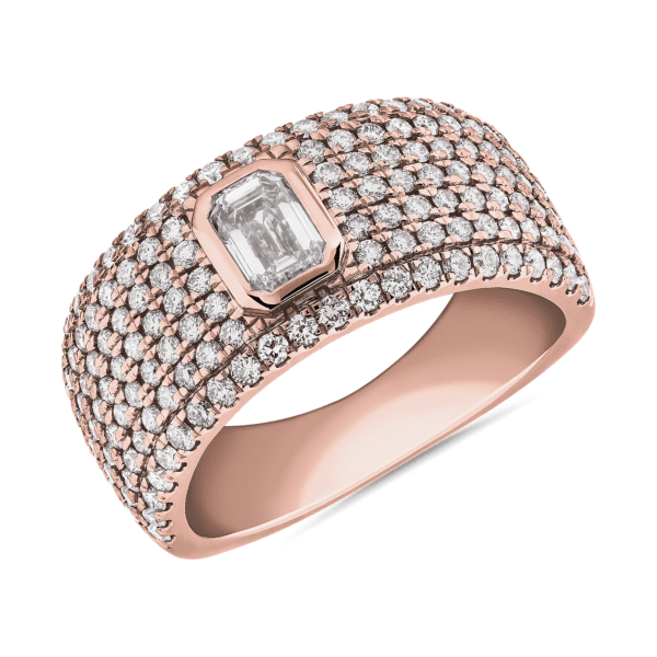 Emerald Cut Bezel Set Diamond Pave Ring in 14k Rose Gold (1 1/2 ct. tw.)