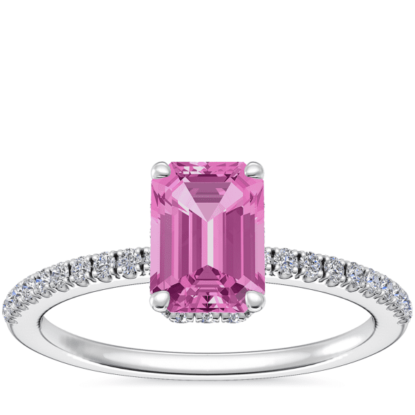 Petite Micropave Hidden Halo Engagement Ring with Emerald-Cut Pink Sapphire in 14k White Gold (7x5mm)