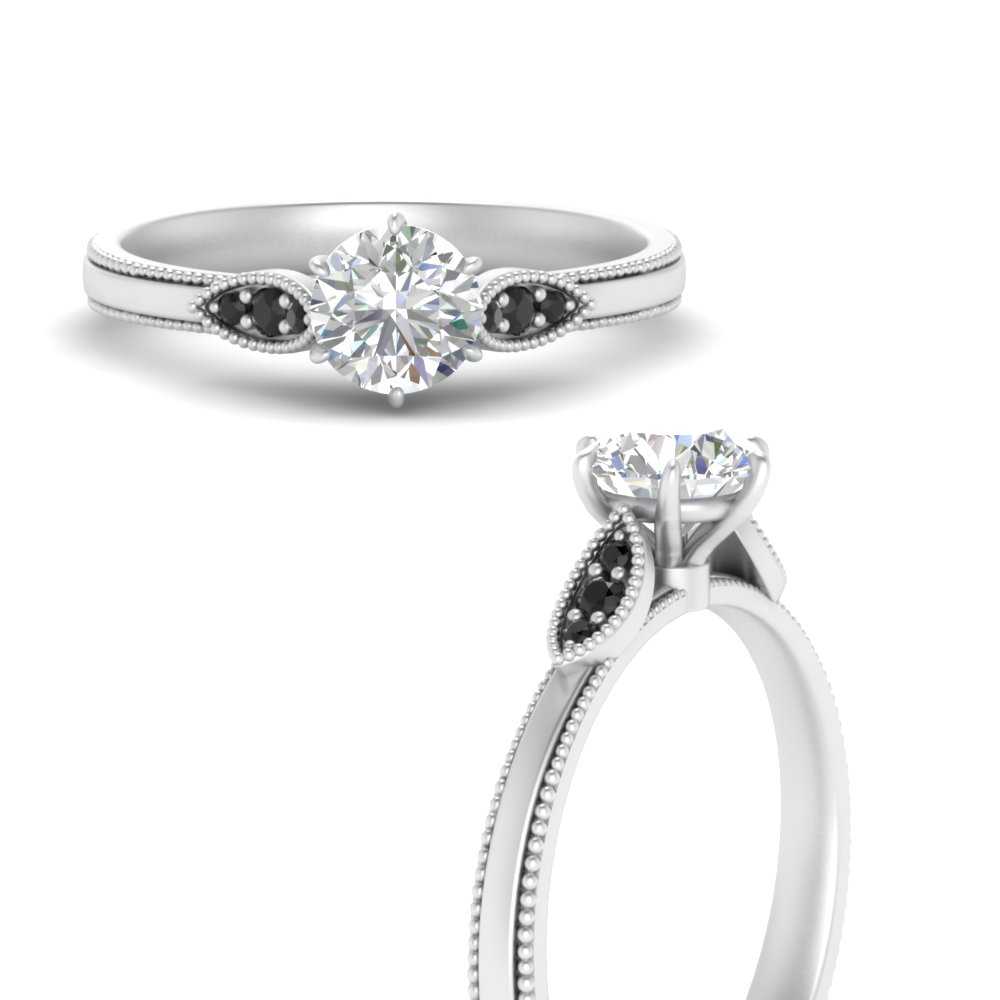 milgrain simple round cut black diamond engagement ring in white gold FD10070RORGBLACKANGLE3 NL WG 1