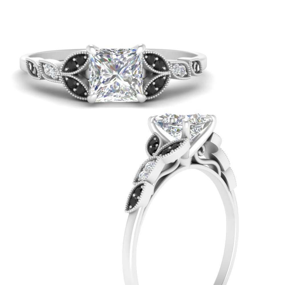 petal milgrain black diamond princess cut engagement ring in white gold FD10084PRRGBLACKANGLE3 NL WG